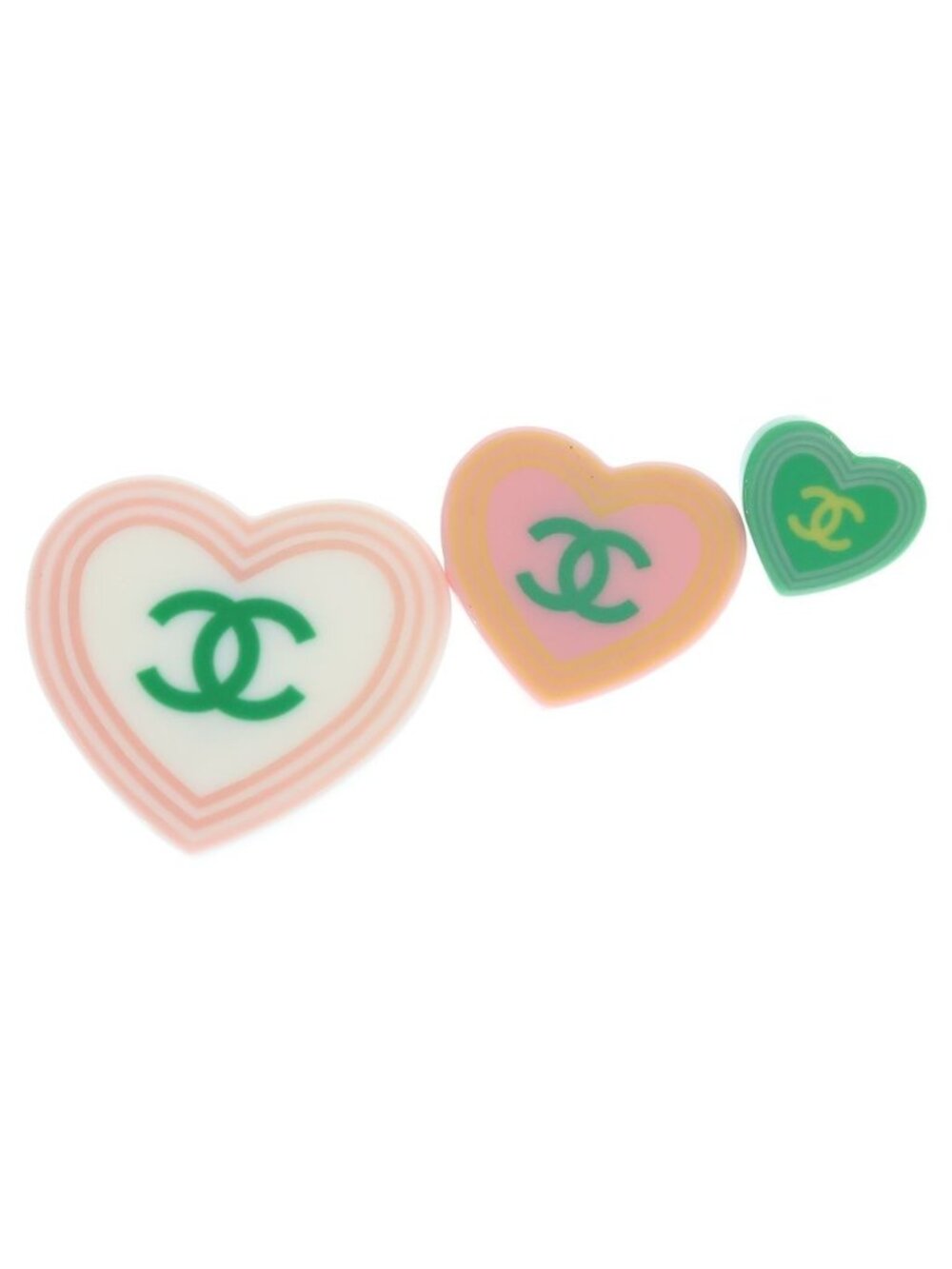Chanel CC Logo Heart Pin Brooch Pin Badge Set Pink Green 04C